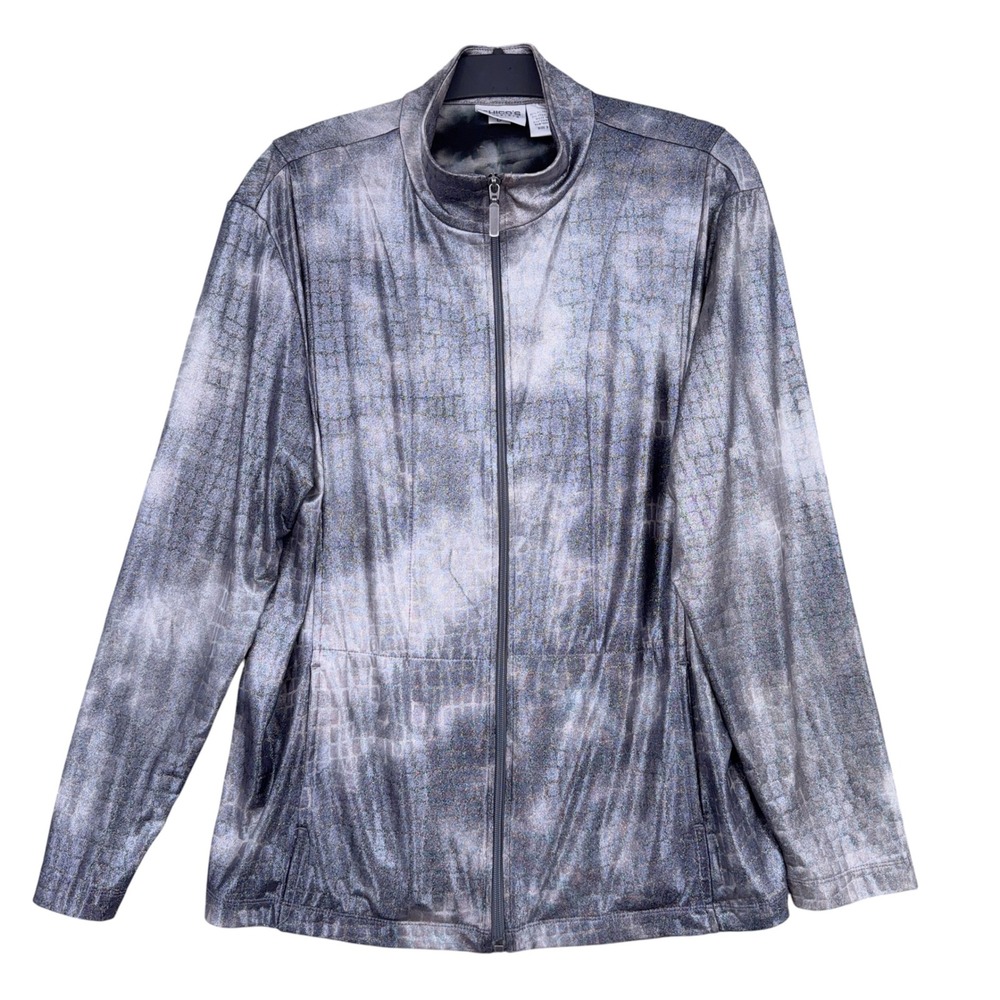 Chico's Travelers Zip Up Jacket Womens Size 3 Polyester Spandex Silver Metallic